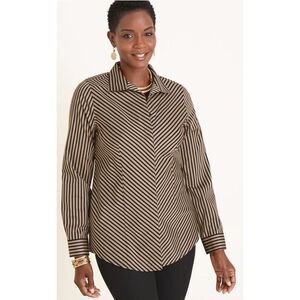 CHICO's No-Iron Sateen Striped Shirt Brown Black Stripes‎ Women's Size 2
